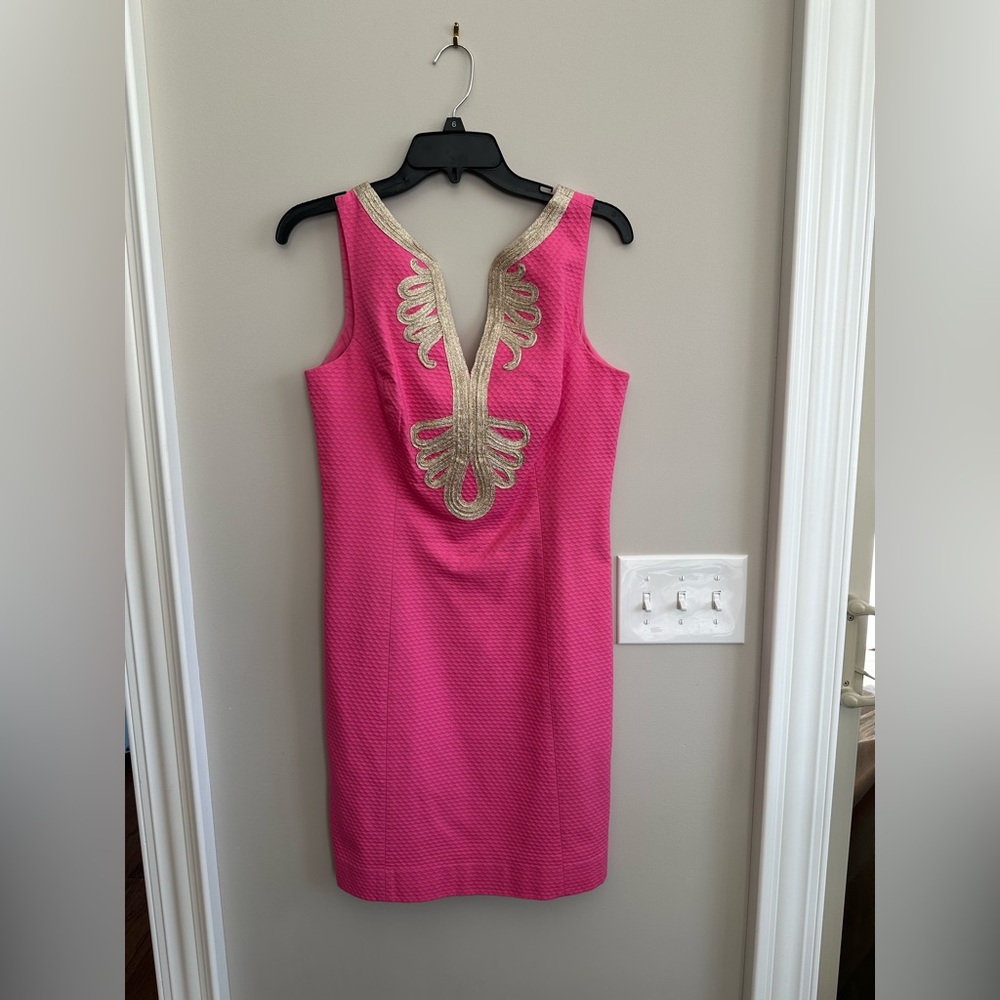 Lilly Pulitzer V-Neck Hot Pink Midi Dress with Gold Embroidered Trim